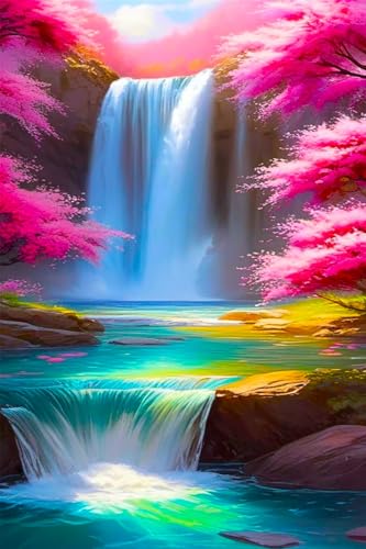 Diamond Painting Set – Kirschblüten am Wasserfall – 50x75CM – mit irisierender Beschichtung, Feenstaubfarben & Metallicfarben – Quadratische Harzsteine – DIY Komplettset für Erwachsene & Kinder von Picmondoo