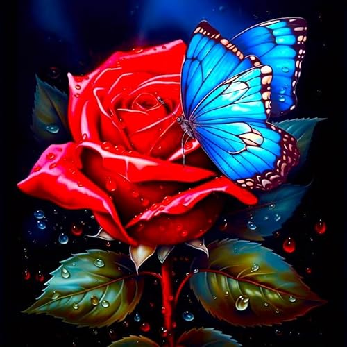 Diamond Painting Set – Rote Rose trifft blauen Schmetterling – 30x30 cm – Komplettset für Erwachsene & Kinder – Glitzerndes DIY-Kunstwerk mit Feenstaubfarben, Strassfarben & AB-Farben von Picmondoo