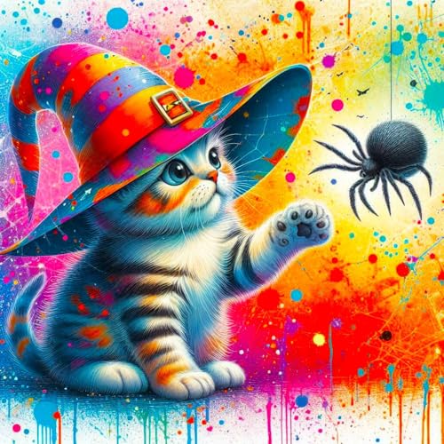 Picmondoo Diamond Painting - Kitty Cat die Zauberkatze – Große 30x30 cm, Mit quadratischen Harzsteinen, AB-Steinen, Strassfarben & Metallicfarben – DIY-Kunstwerk für Erwachsene & Kinder von Picmondoo