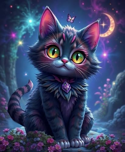 Picmondoo Diamond Painting - Night Cat – Große - 40x60 cm, Mit quadratischen Harzsteinen, AB-Steinen, Strassfarben & Metallicfarben – DIY-Kunstwerk für Erwachsene & Kinder von Picmondoo