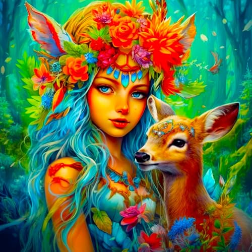 Picmondoo Diamond Painting – Waldmädchen – 60x60cm | DIY Glitzerbild für Erwachsene & Kinder | Funkelndes Komplettset Mit AB-Steinen, Feenstaubfarben und Strassfarbe von Picmondoo