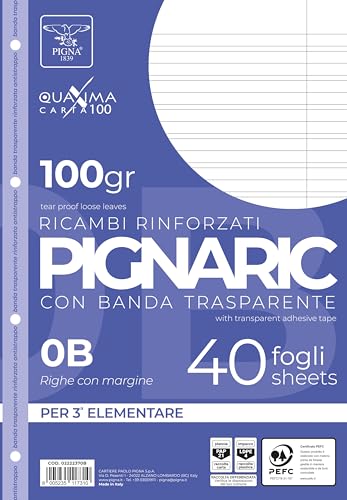 Pigna, 40er Pack 4-Loch, Ablage, verstärkte Seitenstreifen, Blätter mit verstärkter Lochung, 100 g/m² Papier, Blätter im Format A4, 21x29,7, 0B, liniert dritte Klasse Pigna, 40er Pack 4-Loch, Ablage, verstärkte Seitenstreifen, Blätter mit verstärkter Lochung, 100 g/m² Papier, Blätter im Format A4, 21x29,7, 0B, liniert dritte Klasse von Pigna