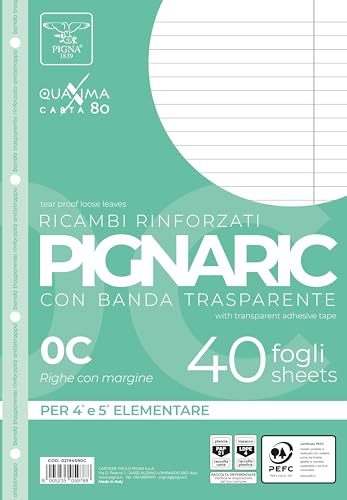 Pigna, 40er Pack Ersatzteile mit 4 Löchern zum Abheften, verstärkter Seitenstreifen, Blätter mit verstärkten Löchern, Format A4, 21x29,7, 0C, liniert mit Rand von Pigna
