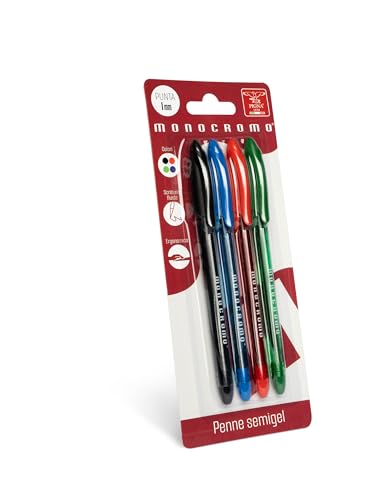 Pigna, Kugelschreiber mit Semi-Gel-Tinte, einfarbige Linie, flüssiger Schreibzug, 4er-Set (schwarz, blau, rot, grün), elegantes Design, ideal für Schule und Büro von Pigna