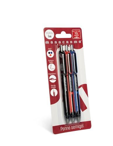 Pigna, Kugelschreiber mit Semi-Gel-Tinte, retraktibel, einfarbig, 3er-Blisterpackung (schwarz, rot, blau), flüssiger Schreibzug, ideal für Schule und Büro von Pigna