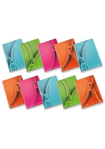 Pigna, Maxi-Heft mit Reißverschluss, A4, Papier innen 100 g/m², Seiten 72 + Einschlag, innen 5 m, Karomuster 5 mm, verschiedene Motive, 10 Stück von Pigna