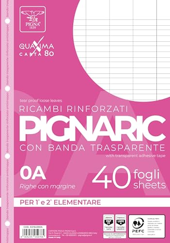 Pigna, Packung mit 40 Stück 4-Loch, Archivierung, mit verstärktem Seitenstreifen, Blätter mit verstärkten Löchern, Format A4, 21x29,7, 0A, erste und zweite Klasse Linien von Pigna