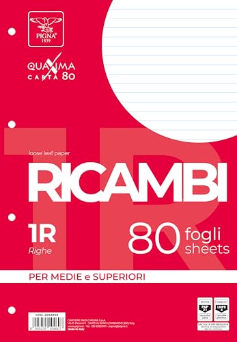 Pigna, Packung mit 80 Nachfüllpackungen mit 4 Löchern für die Ablage, A4 Format, 21x29,7, Blätter mit Löchern ohne Verstärkung, 1R, liniert von Pigna