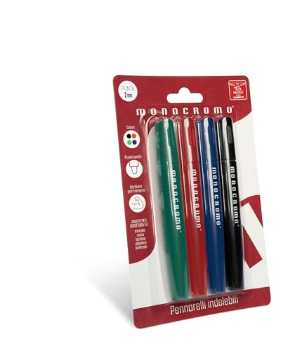 Pigna, Permanentmarker, Linie Monochrom, Blister mit 4 Stück (schwarz, blau, rot, grün), Spitze 2 mm, schreibt auf Metall, Glas, Kunststoff, Folie und Fotofolie von Pigna