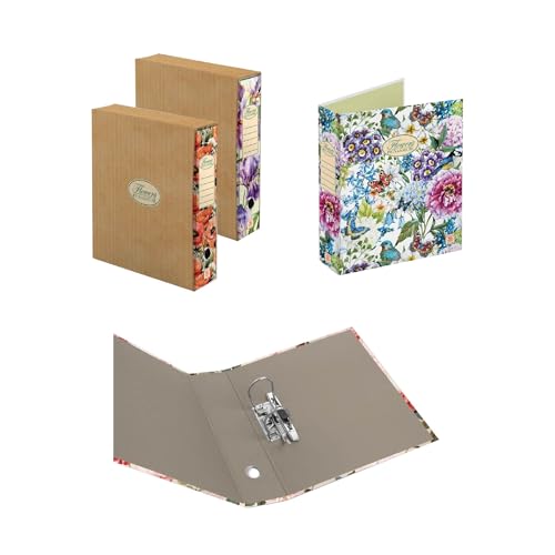 Pigna, Set mit 3 Aktenordnern mit Hebelmechanismus, Format 28,5 x 33,5 cm, Rücken 8 cm, mit Hülle, Nature Flowers, 3 verschiedene Motive von Pigna