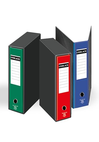 Pigna, Set mit 3 Aktenordnern mit Hebelmechanismus, Format 28,5 x 33,5 cm, Rücken 8 cm, mit Hülle, Uniblack, 3 verschiedene Farben (blau, rot, grün) von Pigna