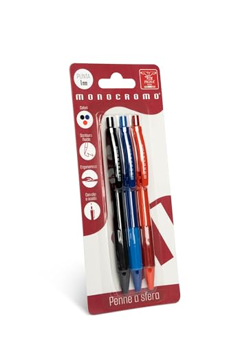 Pigna, einfarbiger Kugelschreiber mit Klickmechanismus, 3er-Blisterpackung (blau, schwarz, rot), flüssiger Schreiblauf, ideal für Schule und Büro von Pigna