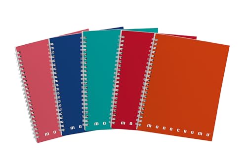 Pigna Spiralgebundenes einfarbiges Notizbuch, 1R innen, liniert, ohne Löcher, mit Mikroperforation 80 g Papier, Assorted Covers, A5 Format 16x20.5 cm, 5 von Pigna