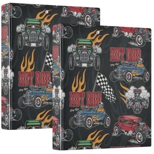 Pigsaly Runde Ringbücher Hot Rod Baseball Rennwagen 3 Ringbuch 3,8 cm karierte Flagge Klemmbrett Ordner mit Taschen passend für 200 Blatt für Schule Büro Zubehör Zuhause Geschenke 1 Packung von Pigsaly