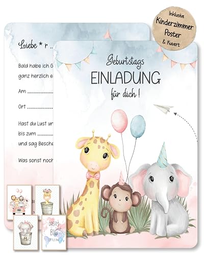 Pikaflor NEU 12 Einladungskarten mit Umschlägen & Kinderzimmer Poster Set für Kindergeburtstag & Party für Junge und Mädchen (Tiere - Dschungel) | Einladung für Kinder Geburtstag und Kinderparty von Pikaflor
