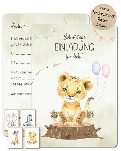 Pikaflor NEU 12 Einladungskarten mit Umschlägen & Kinderzimmer Poster Set für Kindergeburtstag & Party für Junge und Mädchen (Tiere - Löwe) | Einladung für Kinder Geburtstag und Kinderparty von Pikaflor