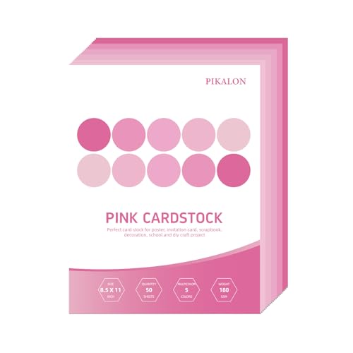 Pikalon 50 Blatt rosa Karton, 21,6 x 27,9 cm, 5 Farben, sortiert, farbiges Kartonpapier, 180 g/m², perfekt für Bastelarbeiten, Scrapbooking, Dekoration, Kartenhandwerk (Rosa) von Pikalon