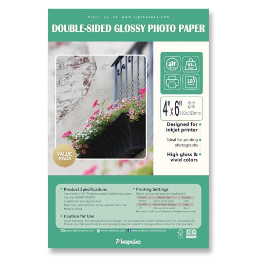 Pikapoka Doppelseitiges, glänzendes Fotopapier für Tintenstrahldrucker, 10 x 15 cm, dickes Hochglanzpapier für Karton, 27,7 kg, 100 Blatt Pikapoka Doppelseitiges, glänzendes Fotopapier für Tintenstrahldrucker, 10 x 15 cm, dickes Hochglanzpapier für Karton, 27,7 kg, 100 Blatt von Pikapoka