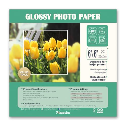 Pikapoka Fotopapier, glänzend, 23,6 kg, quadratisches Fotopapier für Farbstoff-Tintenstrahldrucker, 200 g/m², 100 Stück Pikapoka Fotopapier, glänzend, 23,6 kg, quadratisches Fotopapier für Farbstoff-Tintenstrahldrucker, 200 g/m², 100 Stück von Pikapoka