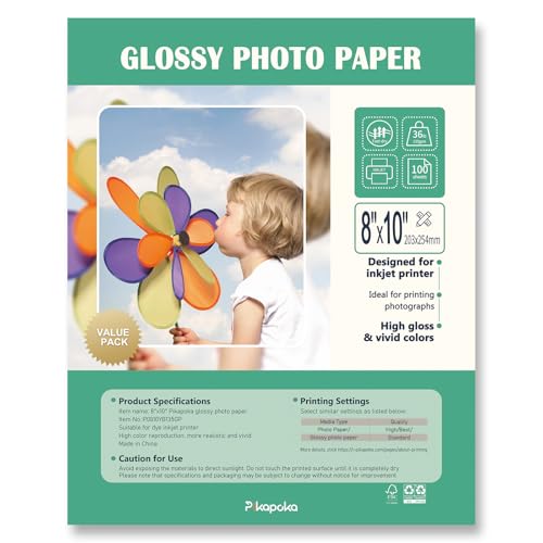 Pikapoka Glänzendes Fotopapier, 20,3 x 25,4 cm, 8R, dünnes glänzendes Fotopapier für Chipbeutel, Tintenstrahl, 100 Stück von Pikapoka