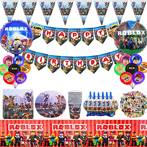 PiliStar 115 PCS Roblox Happy Birthday Deko Roblox Partygeschirr enthält Wimpel, Tischdecke, Teller, Tassen und Luftballons Roblox Party Deko Jungen für 10 Gäste von PiliStar