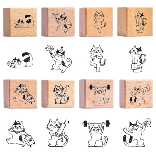 Pilikoll 8 Stück Katze Holzstempel Knetmassen Set Tiere Holzstempel zum Basteln DIY Holz Gummistempel Katze Dekorative Holzstempel für Scrapbooking, Bullet Journals, Kartenherstellung, Kunsthandwerk von Pilikoll