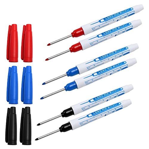 Pilikoll YouMen 6 Stück Bohrlochmarker Tieflochmarker Bleistift 30cm Langlochmarker Zimmermannsarbeiten Permanentmarker Nib Marker Deep Hole Pen für Badezimmer Holzbearbeitung(Schwarz Blau Rot) von Pilikoll