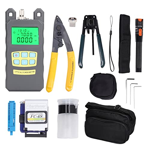 Pilipane Glasfaser-Werkzeugsatz, Glasfaser-Leistungsmesser-70 +10 dBm, 15-teiliges Kit mit Cleaver Fiber, Visual Fault Locator, Zange für Glasfaser, Alkoholflasche und Weiteres Zubehör von Pilipane