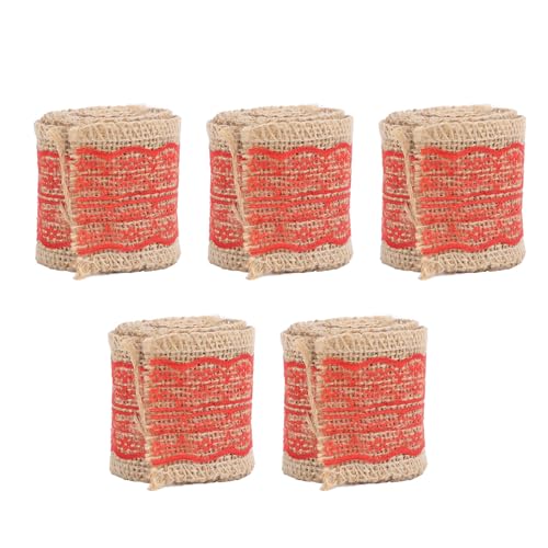 Sackleinen Spitzenbänder elegante dekorative Jute -Band Roll für Handwerksfestival Dekor Premium Sackleinen Stoff 6 cm x 200 cm 5 Rollen (Rot) von Pilipane