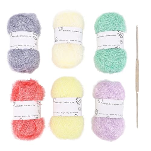 Scrubby-Garn, funkelnder Pastell-Glitzer, Häkel-Geschirrtuch, gestrickte Puppentasche, hochglänzendes Multifunktionsgarn für Handarbeit, Basteln, Geschirrtücher, Taschen, 6 von Pilipane