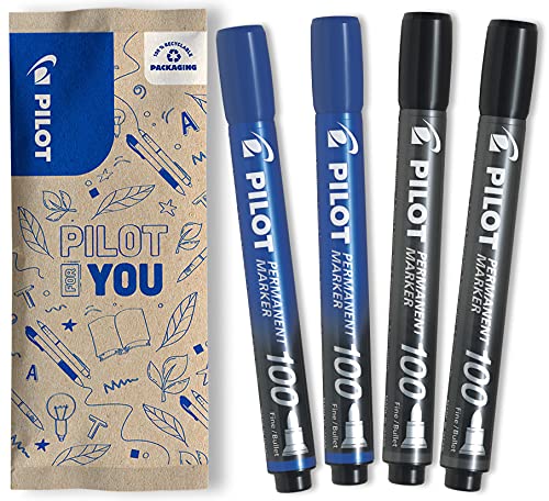 PILOT Permanent Marker 100 mit Rundspitze, 4er Set (Blau, Schwarz) von Pilot