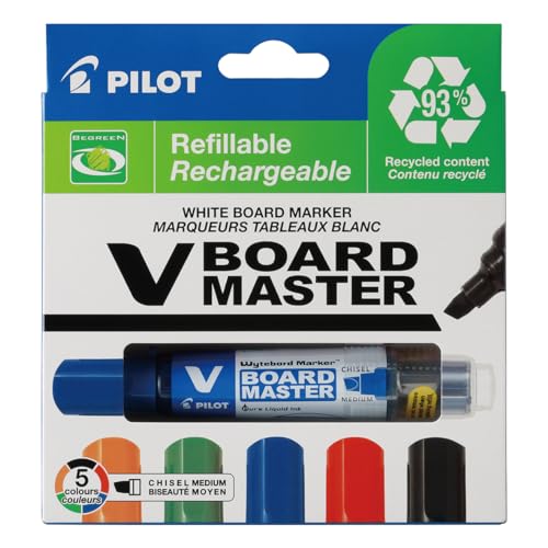 PILOT V-Board Master, Whiteboard Marker mit Keilspitze, 5er Set (Schwarz, Rot, Blau, Grün, Orange) von PILOT