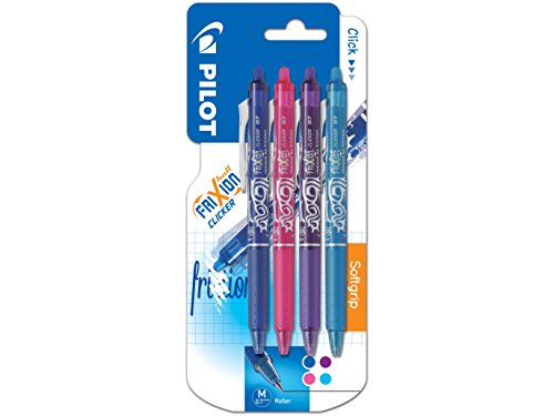 Pilot FriXion Kugelschreiber, Geltinte, nicht ausfahrbar, 3+1, Schwarz, Blau, Rot + Grün oder Weiß einziehbar Blau/Rosa/Violett/Türkis von Pilot