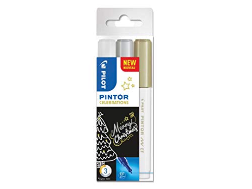 Pilot – Pintor, Mix Feiern, Packung mit 3 Markern auf Wasserbasis, schnelltrocknend – Textil, Glas, Holz, Stein, DIY – feine Spitze – weiß, gold, silber von PILOT