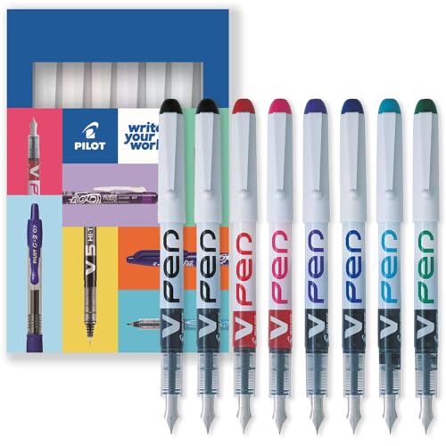 Pilot V Pen Einweg-Füllfederhalter, radierbar, 0,6 mm Spitze, mittlere Linie, 8 Stück, Schwarz, Rot, Rosa, Violett, Blau, Pfau & Grün, Karton Geschenkbox Set Pilot V Pen Einweg-Füllfederhalter, radierbar, 0,6 mm Spitze, mittlere Linie, 8 Stück, Schwarz, Rot, Rosa, Violett, Blau, Pfau & Grün, Karton Geschenkbox Set von Pilot