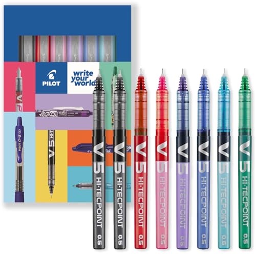 Pilot V5 Hi-Tecpoint Kugelschreiber Stifte, feine 0,5 mm Spitze, 2 x schwarze, blaue, hellblaue, grüne, violette, rosa und rote Tinte, Geschenketui aus Karton, 8 Stück Pilot V5 Hi-Tecpoint Kugelschreiber Stifte, feine 0,5 mm Spitze, 2 x schwarze, blaue, hellblaue, grüne, violette, rosa und rote Tinte, Geschenketui aus Karton, 8 Stück von Pilot