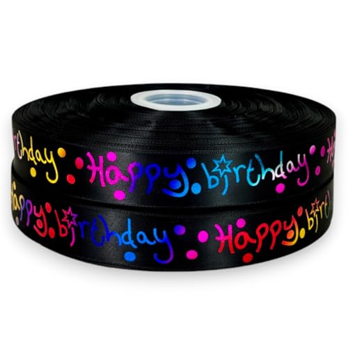 Doppelseitiges Satinband, 2 m x 25 mm, mit Aufschrift zum Geburtstag (nicht in deutscher Sprache) „Happy Birthday“, für Geburtstagstorten, Geschenkpapier, Dekoration, Schwarz Doppelseitiges Satinband, 2 m x 25 mm, mit Aufschrift zum Geburtstag (nicht in deutscher Sprache) „Happy Birthday“, für Geburtstagstorten, Geschenkpapier, Dekoration, Schwarz von Pimp My Shoes