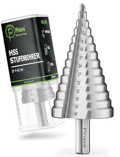 Pinava® HSS Stufenbohrer Ø4-42mm [Extra Scharf & Präzise] Kegelbohrer für Metall, Holz & Kunststoff - Hochwertiger Schälbohrer - 14 Stufen Blechbohrer - Konusbohrer zum sauberen und präzisen Aufbohren von Pinava