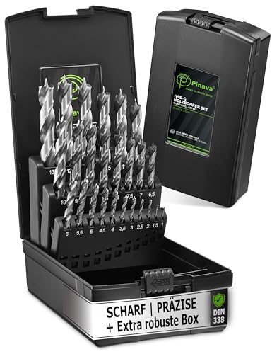 Pinava® Holzbohrer Set 1-13mm [Scharf & Präzise in Extra Robuster Box] HSS-G Bohrerset - 25tlg. Bohrer Set Holz - Bohrersatz für saubere Bohrlöcher 0,5mm Schritte von Pinava