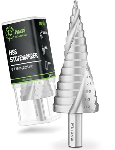 Pinava® Stufenbohrer 2XSPIRAL Ø4-32 [Scharf & verbesserte Spanabfuhr] Kegelbohrer für Metall, Holz, Kunststoff - HSS Stahl Bohrkegel Kunststoffbohrer - Blechbohrer Lochbohrer Schälbohrer 15 Stufen von Pinava