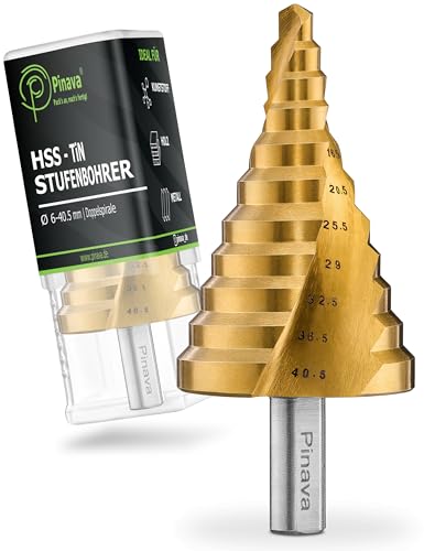 Pinava® Stufenbohrer HSS-TiN 2XSPIRAL Ø6-40.5mm [Für metrische Kabelverschraubungen] - Scharfer Kegelbohrer für Metall, Holz & Kunststoff - Schälbohrer, Konusbohrer, Blech Bohrer mit Doppelspirale von Pinava