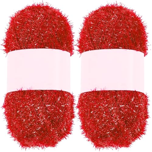 Glitzergarn, Sparkle-Garn 2pcs Schnelltrockner Polyester-Glitzer für Geschirrtücher weiche und komfortable Truboo für Geschirrtücher, Peelingwaschlappen, Häkel- und Strickbedarf, rot von Pineeseatile