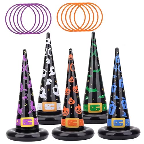 Hexenhut, Halloween -Spiele, 5pcs 10 x 22 Zoll aufblasbarer Hexenhut mit 10 -pcs -Plastikring für Kinder Erwachsene Familienvorräte von Pineeseatile