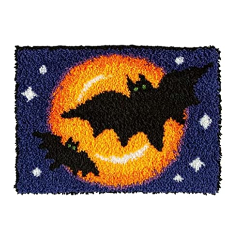 Pineeseatile Halloween Stickerei Kit Latch Hook Kits DIY Häkelgarn Kits Halloween Fledermäuse Teppichsticke Haken Teppich Kit Wandteppich für Kinder und Erwachsene, 19,69 x 14,96 Zoll von Pineeseatile