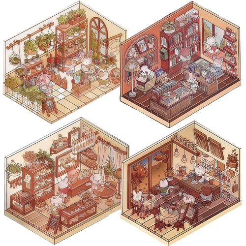 Pineeseatile Szenenaufkleber 4 Set Cafe, Bäckerei, Bibliothek und Gewächshaus 3D House Sticker DIY-freundlich entzückend 3D-Haustier Stressabbau für Erwachsene, Kinder, 3D von Pineeseatile