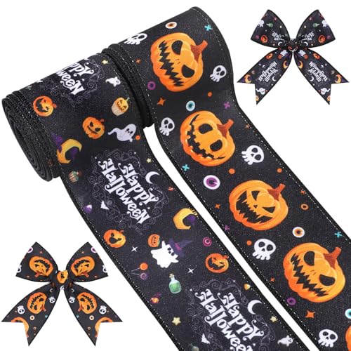 2 Rollen 9,1 m Halloween-Band mit Drahtrand, 6,3 cm, Kürbis, Totenkopf, Geist, bedrucktes Band, gruseliges dekoratives Stoffband für DIY, Kranz, Schleife, Geschenkverpackung, Halloween, Süßes oder 2 Rollen 9,1 m Halloween-Band mit Drahtrand, 6,3 cm, Kürbis, Totenkopf, Geist, bedrucktes Band, gruseliges dekoratives Stoffband für DIY, Kranz, Schleife, Geschenkverpackung, Halloween, Süßes oder von Pineraap
