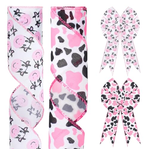 2 Rollen 9,1 m Kuhdruck Drahtrand 6,3 cm rosa schwarz weiß Kuh Punkte Stoffband Tierdruck Handwerk Band für Geschenkverpackungen Kranz Herstellung Kuh Thema Party Bauernhaus Dekoration, Stil A von Pineraap