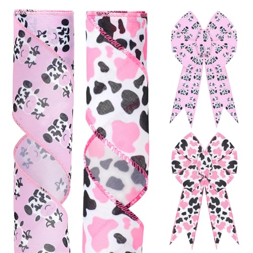 2 Rollen 9,1 m Kuhdruck Drahtrand 6,3 cm rosa schwarz weiß Kuh Punkte Stoffband Tierdruck Handwerk Band für Geschenkverpackungen Kranz Herstellung Kuh Thema Party Bauernhaus Dekoration, Stil B von Pineraap
