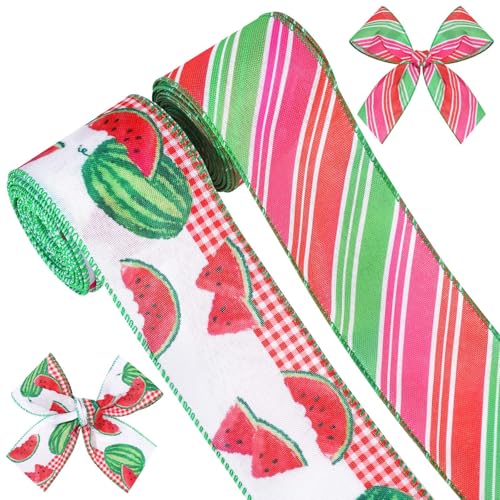 2 Rollen 9,1 m Wassermelonenband mit Drahtrand, 6,3 cm, Sommerfrucht, Stoffband, grün, rot, weiß, gestreift, Juteband für Geschenkverpackungen, DIY, Kranz, Schleife, Bauernhaus, Party-Dekoration 2 Rollen 9,1 m Wassermelonenband mit Drahtrand, 6,3 cm, Sommerfrucht, Stoffband, grün, rot, weiß, gestreift, Juteband für Geschenkverpackungen, DIY, Kranz, Schleife, Bauernhaus, Party-Dekoration von Pineraap