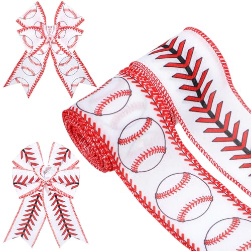 2 Rollen Baseballband mit Drahtrand, 6,3 cm, Sportball-Stoffband, Rot-Weiß, Baseball-Muster, für Team-Kranzschleife, Geschenkverpackungen, Sportveranstaltungen, Themenparty-Dekoration, Stil B von Pineraap